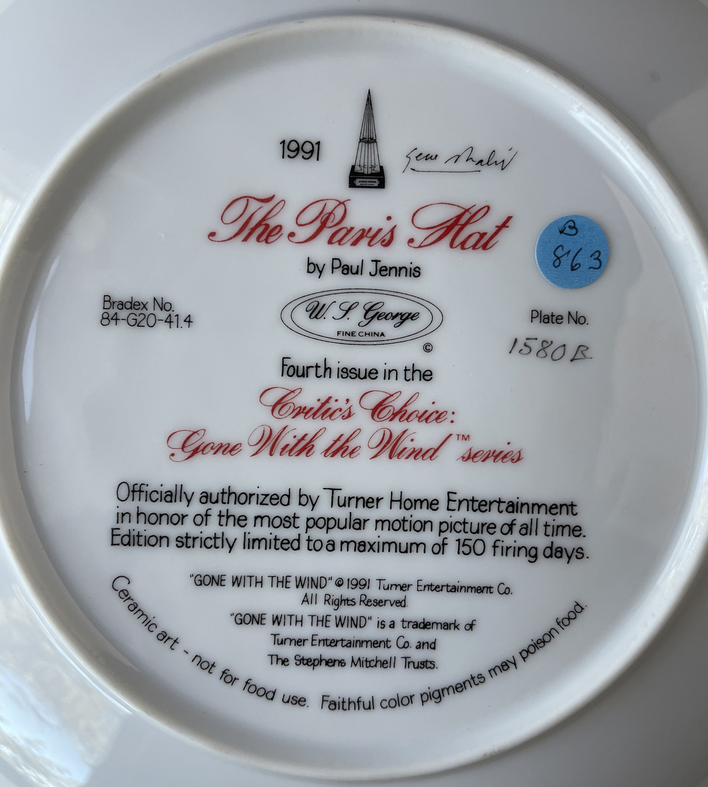 1991 SIGNED Paul Jennis “The Paris Hat” Gone w/ Wind W.J. George Plate (NO COA)