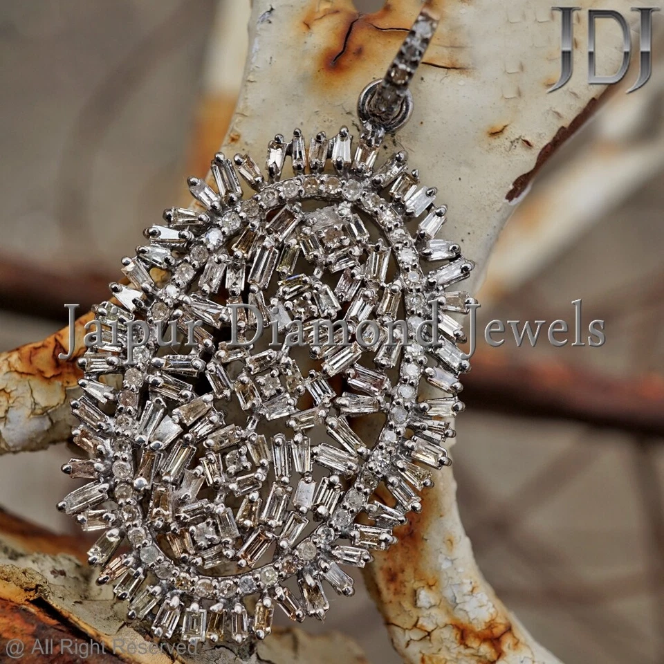 Colgante hecho a mano joyería victoriana de plata de ley 925 con diamantes baguette naturales Foto 4 de 4