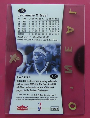 JERMAINE O'NEAL, 2006-07 FLEER e-X #15 ACETATE CARD, PACERS - Picture 3 of 3