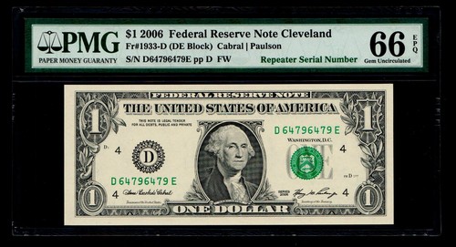 Repeater Serial Number 2006 $1 Federal Reserve Note Cleveland PMG GEM UNC