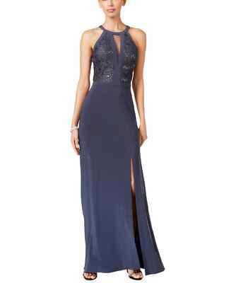 Nightway Women's Petite Grey Lace-Trim Illusion Halter Gown
