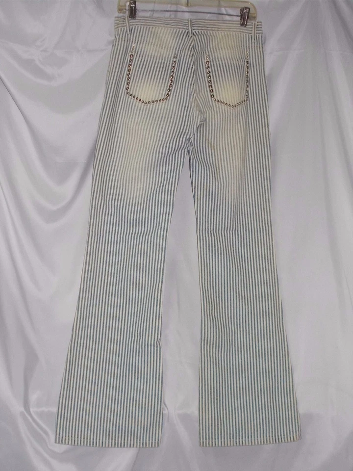 Pantalones de mezclilla Blujeanious talla 27 (7) con joyas desgastados años 60 a rayas nuevos corte bajo campana Foto 3 de 4