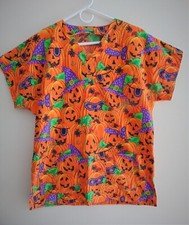Women's Halloween Jack o Lantern Scrub Top Shirt L Orange Nurse Vet Large Nice