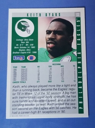 1993 Score Football #132 Keith Byars - Philadelphia Eagles - Picture 2 of 2