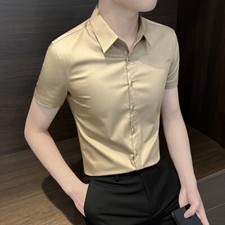 New Men Striped Shirt Short Sleeved Business Embroidery Summer Button Silk Shirt