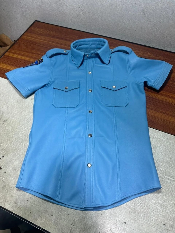 Camisa de cuero para hombre manga corta policía de Nueva York lote piel de cordero azul cielo cuero Foto 2 de 4