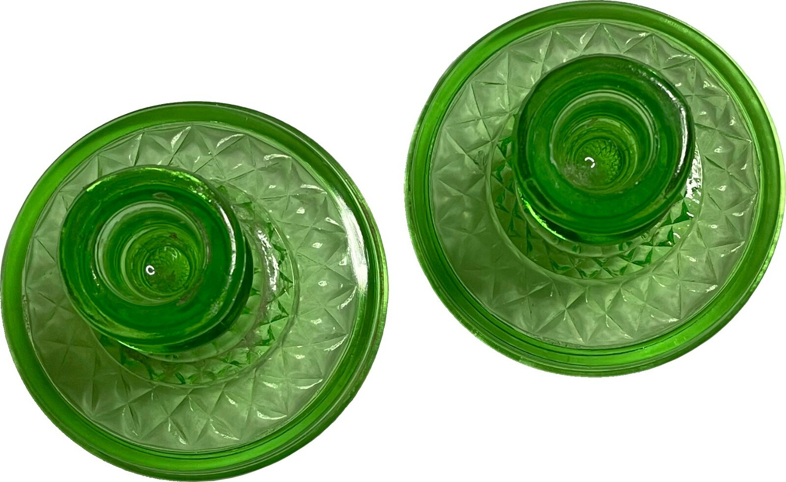Vintage Green Glass Candle Stick Holder Pair Vaseline Depression Era eBay
