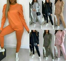Women's Puff Sleeve Top Bottom Jogging Loungewear Ladies Suit Boxy Tracksuit Set