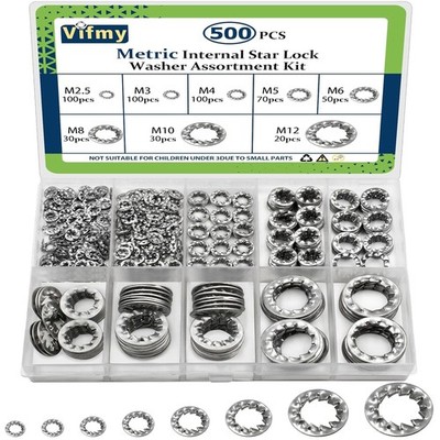Stainless Steel Internal Multi-Tooth Star Lock Washers Assortment Set, 500 Pcs