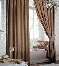 Catherine Lansfield Faux Silk Lined Eyelet Curtains 66" x 72" - Latte