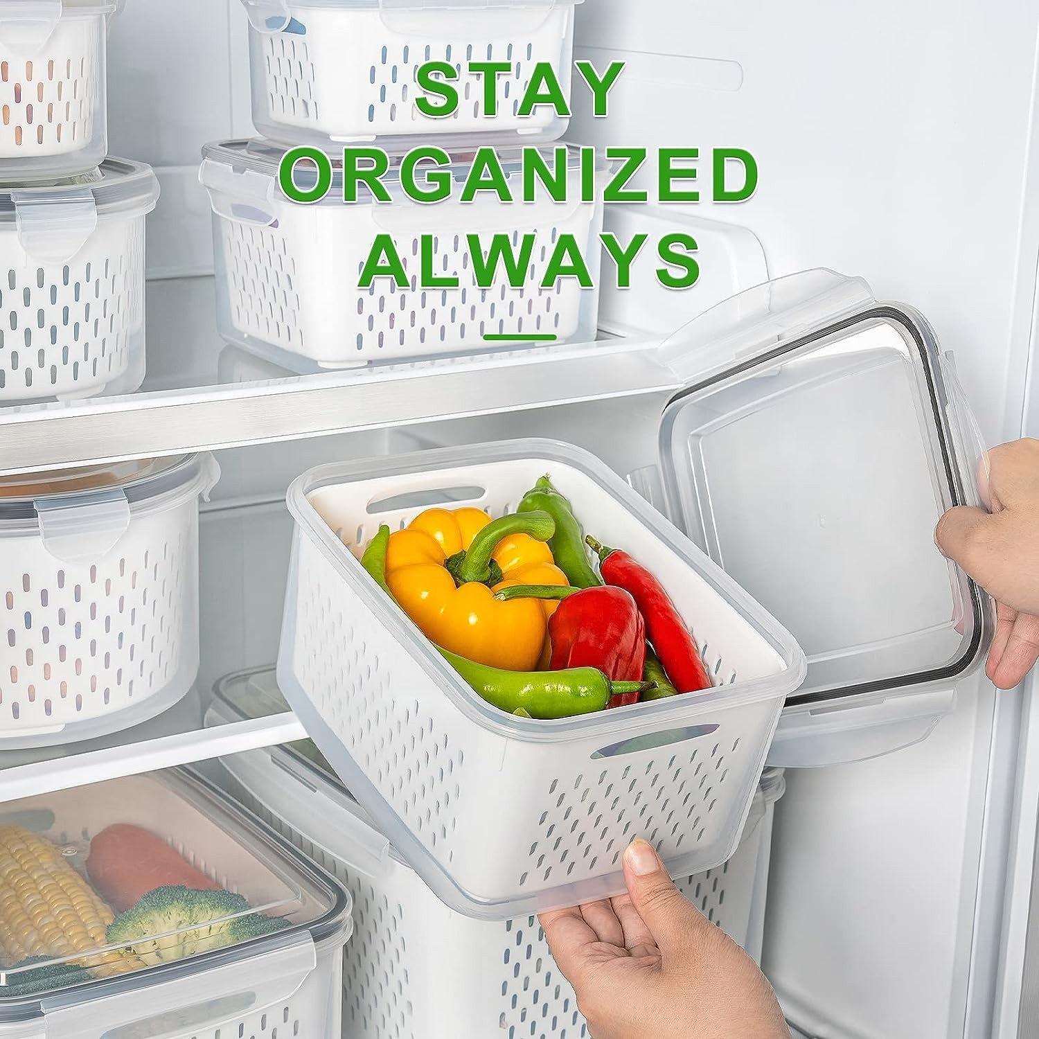 4 PCS Fruit Storage Containers for Fridge with Removable Colander Airtight Food