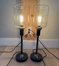 Set 2 Modern Black Metal Table Lamps w Built-In Charging Ports  Glass Shades