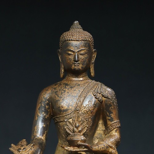 12" China old Tibet Tibetan Buddhism Temple Bronze gilt Medicine Buddha statue - Picture 6 of 9