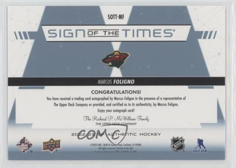 2022-23 SP Authentic Sign of the Times Marcus Foligno #SOTT-MF Auto - Image 2 of 2