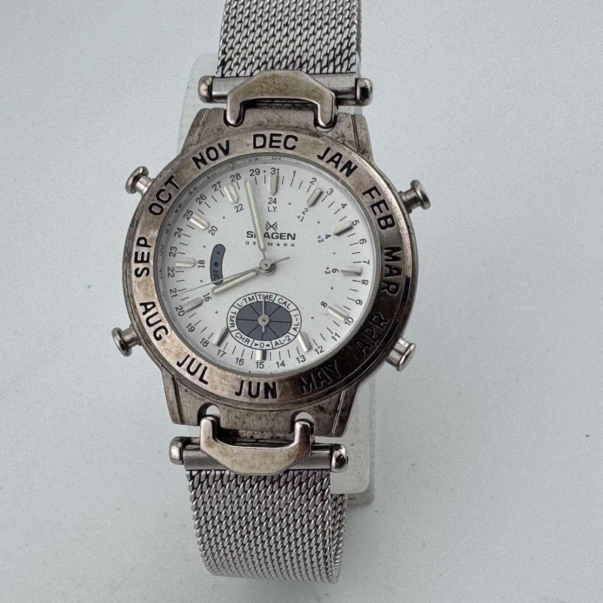 未使用 2000年廃盤品 オーストリア製◆スワロフスキー『ペリカン』171899 Skagen Denmark 22USS Men's Quartz Multi-function Alarm Wrist Watch