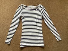Ladies H & M long sleeve navy blue & white stripe cotton top t-shirt Small