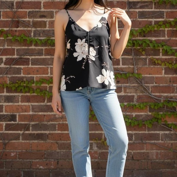 Black Floral Cami Top Size M V Neck Zip Front Lightweight Summer Tank
