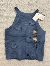 Art Class Sweater Tank Girls XL 14/16 Blue Knit 3D Flower Sleeveless Top