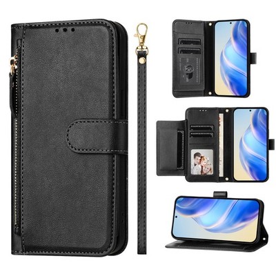 For Various Phone Zip Leather 7 Cards Wallet Case Flip Stand Cover +Hand Strap