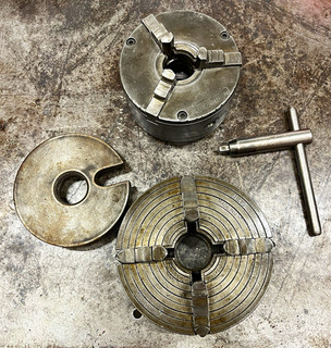 Three Jaw Chuck Four Jaw Chuck and Dog Drive Plate Off of 9”South Bend Model A