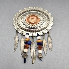 VTG Southwestern Silver & Copper Concho Button Cover Gemstone & Feather Accents