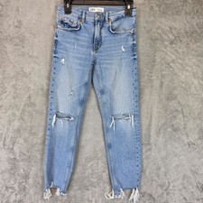 Zara Slim Boyfriend Jeans Womens 2 Blue Light Wash Distressed Fringe Denim