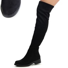 Damen Velours Overknee Stiefel Glitzer Krempelschaft Stretch Boots Trendy