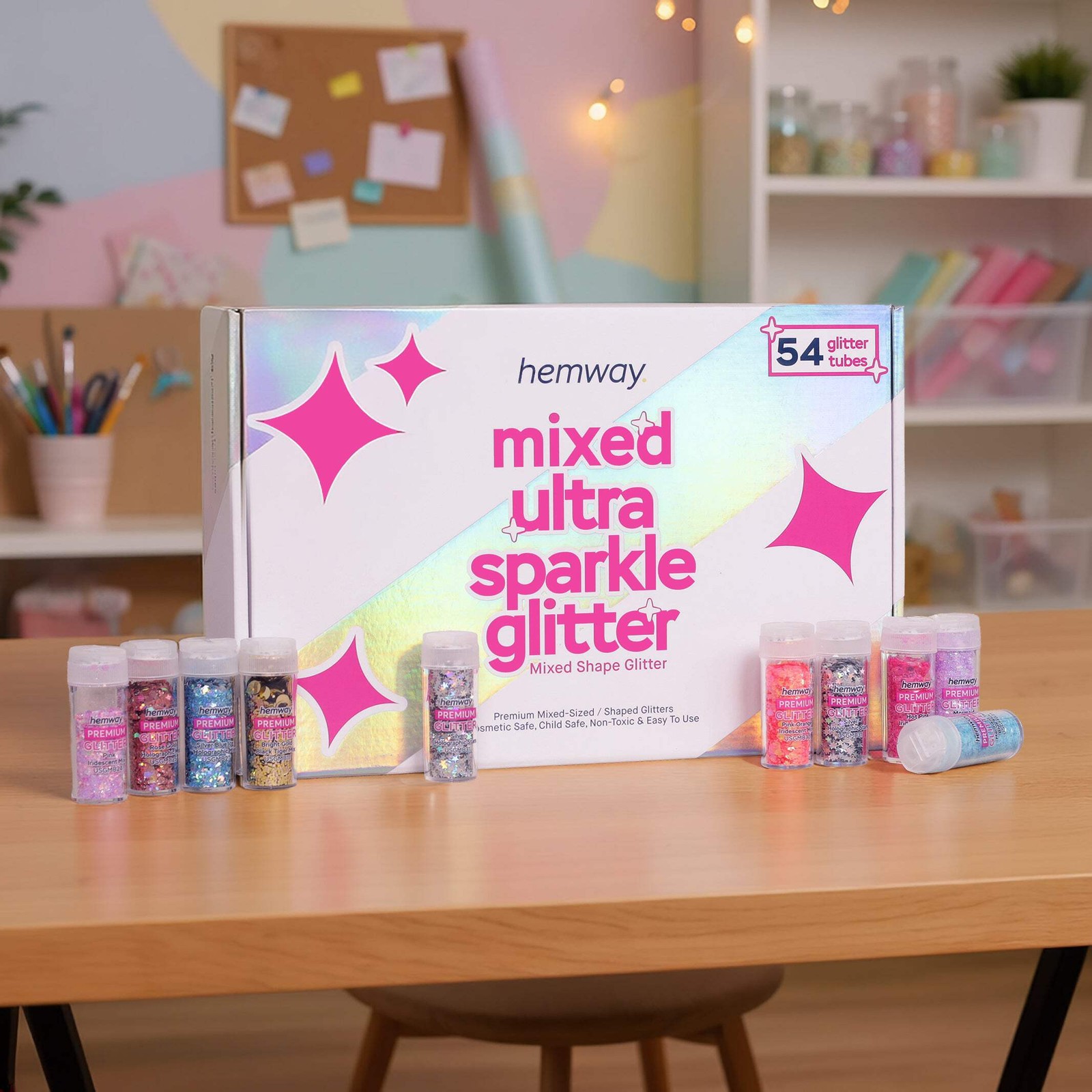 Hemway Set of 54 ULTRA SPARKLE Glitter Tubes - Premium MIXED SIZE & SHAPE Multip