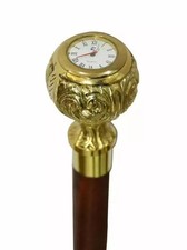Vintage Style Solid Brass Clock on Head Handle Wooden Walking Stick Cane Gift