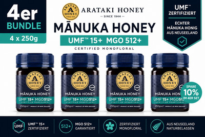   4 × 250 g Arataki Manuka Honig UMF 15+ | MGO 512+ | Original aus Neuseeland