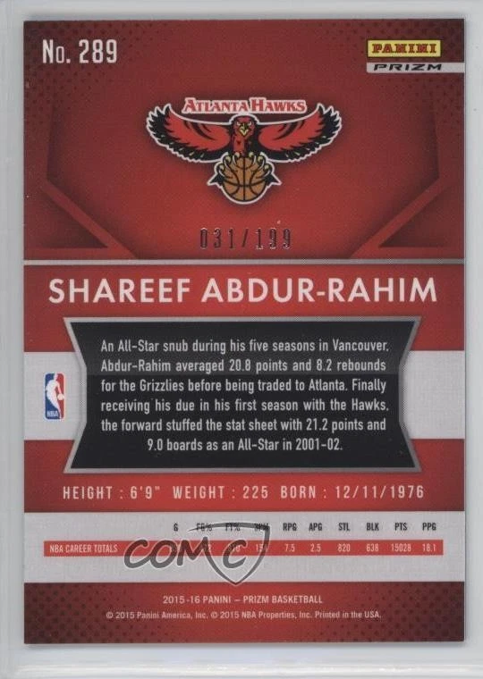 2015-16 Panini Prizm Light Blue Prizm /199 Shareef Abdur-Rahim #289 - Image 2 of 2