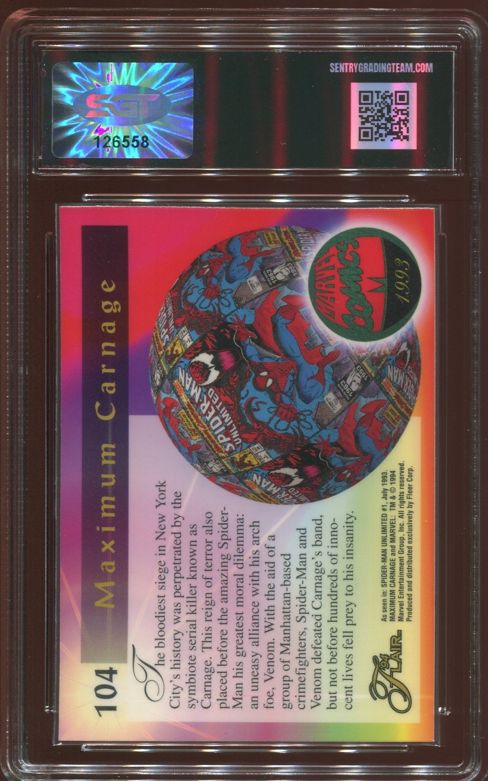 1994 FLAIR MARVEL UNIVERSE MAXIMUM CARNAGE #104 SGT GEM MINT 10 view 2