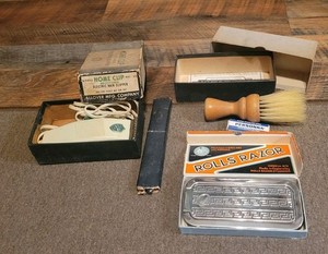 Vintage Barber Shop Lot Electric & Manual Clipper, Straight Razor & Brush 