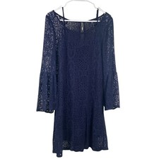 American Eagle Lace Dress Womens Size Medium Bell Sleeve Cami Midi Blue Crochet