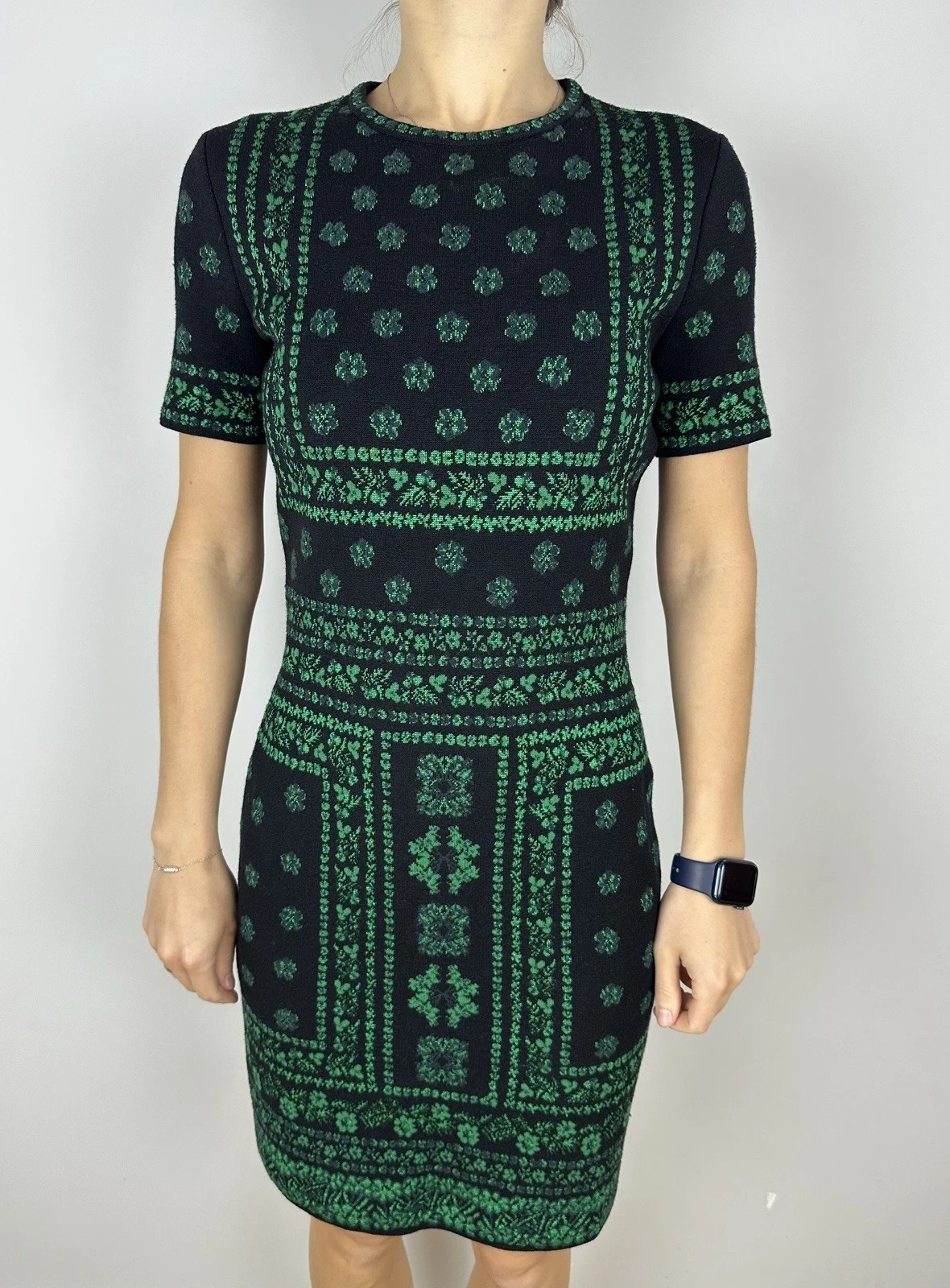 Abito maglione lana Alexander McQueen nero verde manica corta maglia trasparente XS S