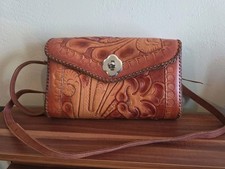Vintage 1960,1970's Leather Tooled Handbag Floral Print Silvertone Hardware...