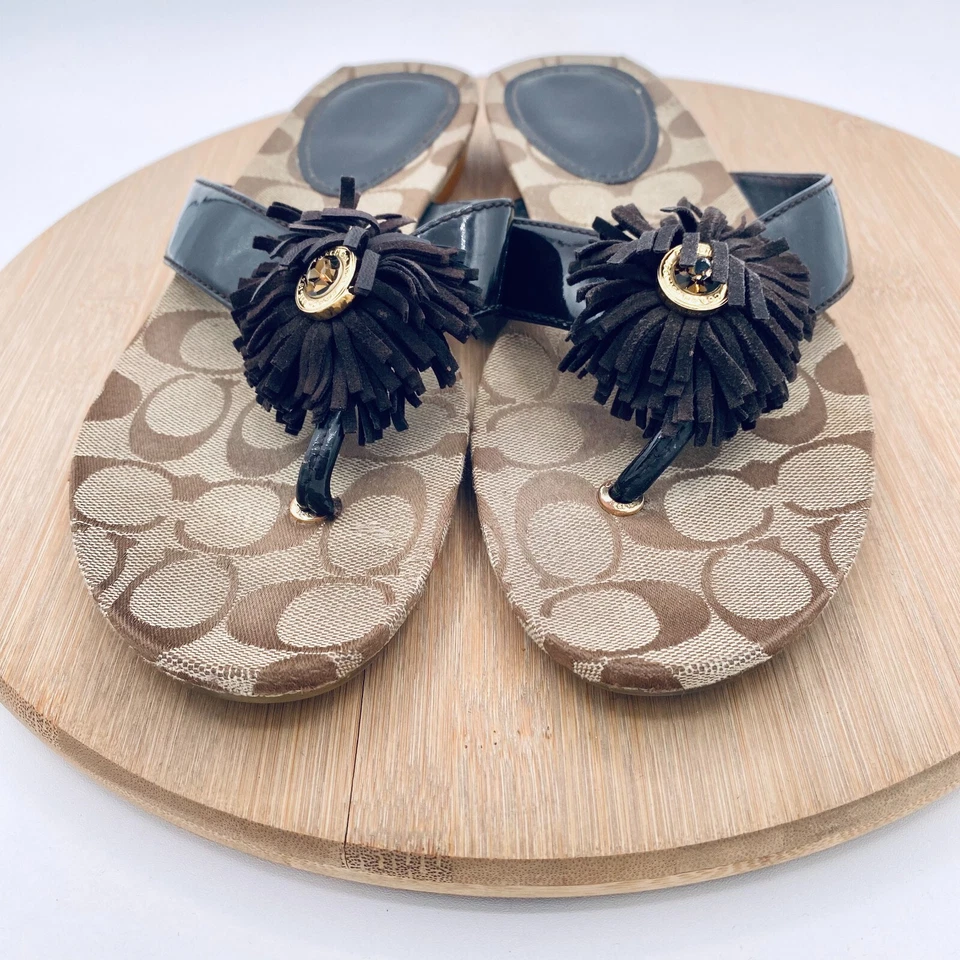 Sandalias Coach Suki con flecos para mujer 9,5 charol negro chanclas estrás Foto 3 de 4