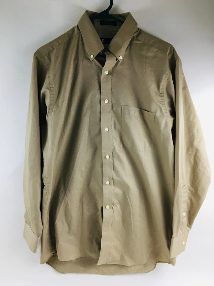 Chaps Shirt Men's Size 15-15.5 32/33 Solid Tan Classic Fit Twill Button Down - Image 2 of 4