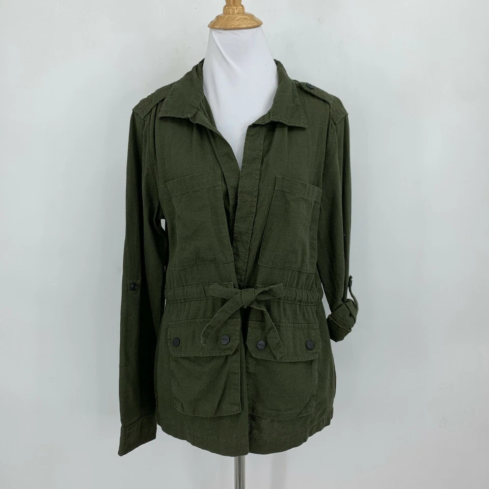 Sanctuary Linen Blend Utility Jacket Womens S Small Olive Green Belted Pockets - Image 2 of 4