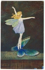 Repro Postcard - Fairy in Blue Dress Rides on Butterfly