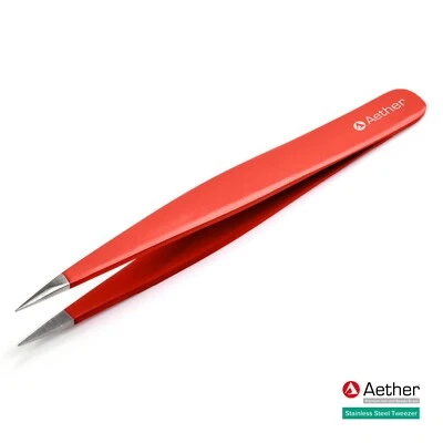 Aether® Tweezers Stainless Steel Eyebrow Hair Pluckers Red Pointed Flat Slanted
