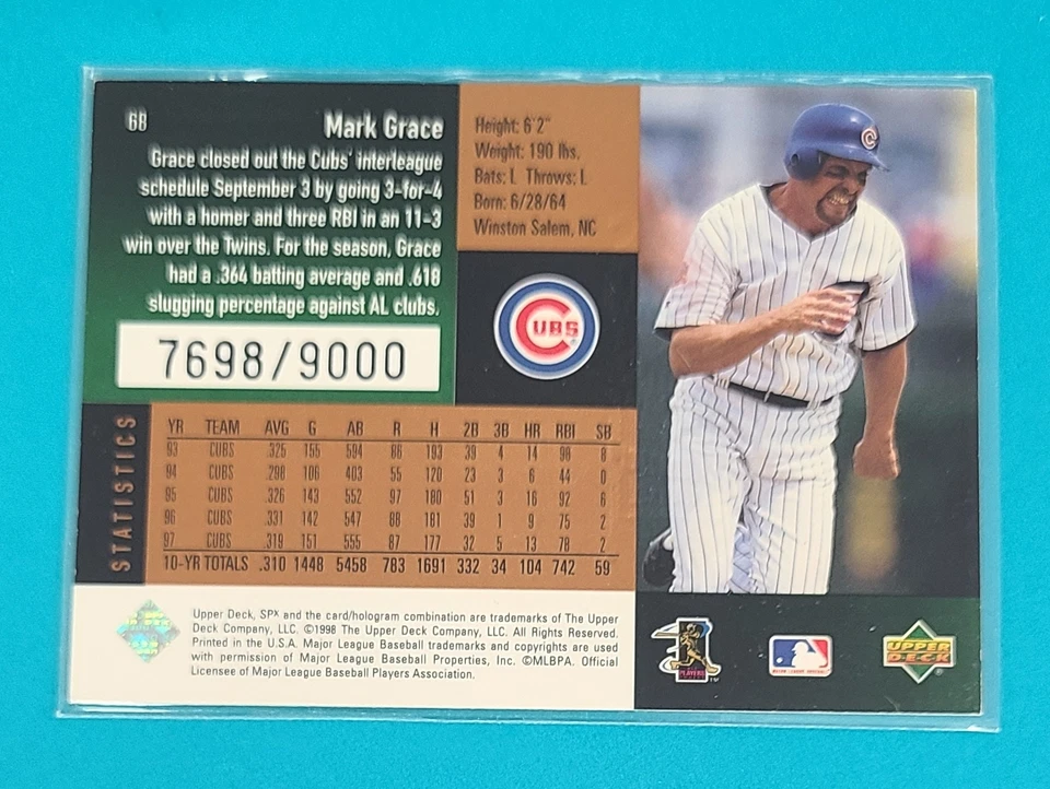 1998 SPx Finite /9000 #68 Mark Grace Chicago Cubs BASEBALL Card V9 - Image 2 of 2