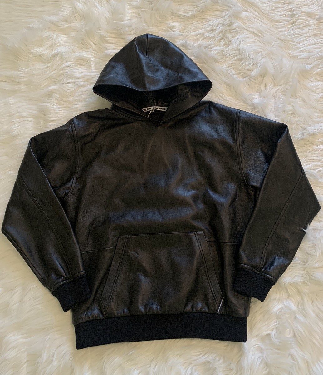 Alexander Wang New Scuba Leather Hoodie Sweatshirt Black XS