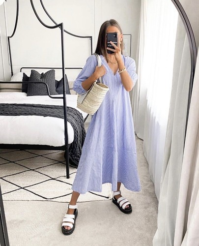 Cotton Dress Kaftan Striped Blue 