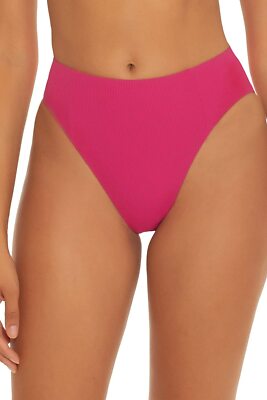 Becca Women's Fine Line High Rise Ribbed Bikini Bottom  sz M Raspberry 