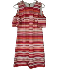 Calvin Klein Womens Sheath Dress Size 4 Pink Striped Cold Shoulder Preppy