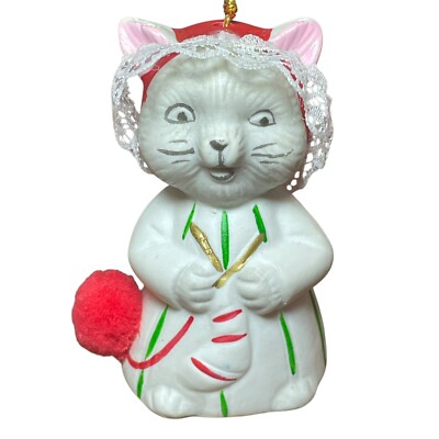 Vintage JASCO Christmas Knitting Cat Bisque Porcelain Bell Retro 3 Inches Tall