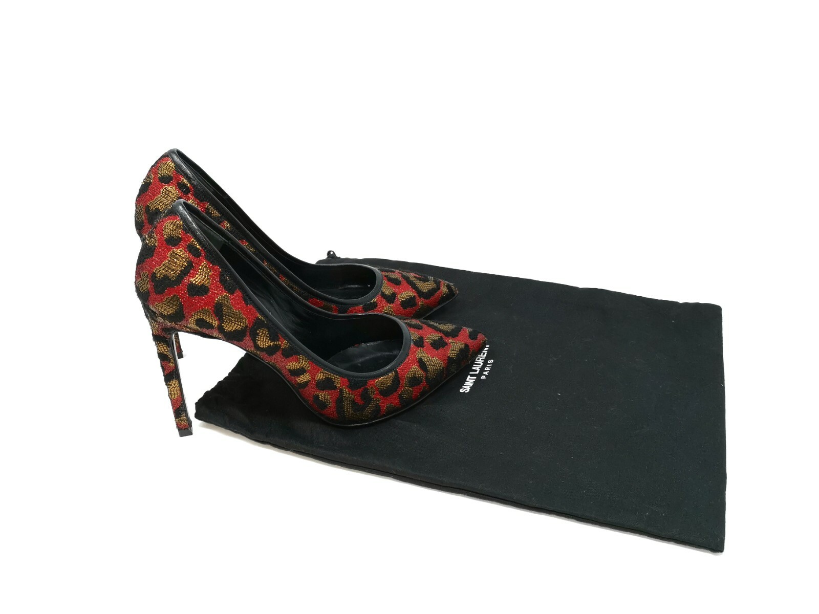 Saint Laurent Paris 115 leopardato rosso nero oro ~ UK 6 5 EU 39 5 US 9 5