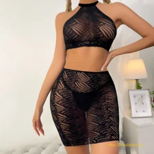 Women's Underwear Pajamas 2 Piece Set Mesh Sexy Short Skirt Wrapped Hip Skirt