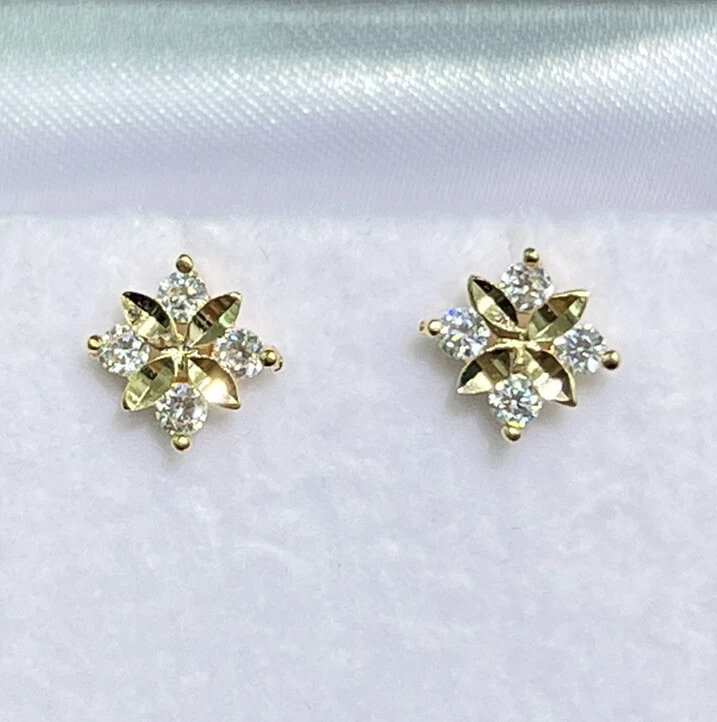 18k Solid Yellow Gold Small Stud Earrings Cubic Zirconia 1.41